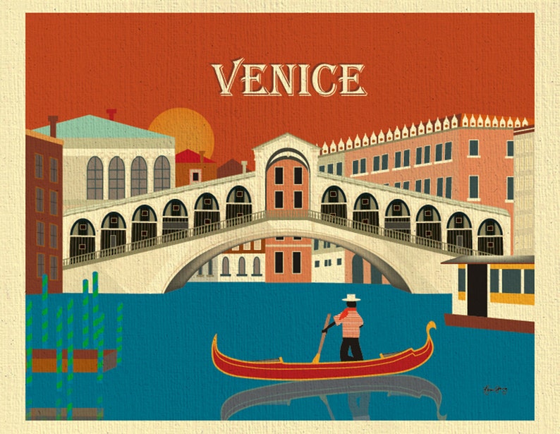 May include: A vintage postcard illustration of Venice, Italy. The image features a gondola on a canal with a bridge in the background. The text "VENICE" is printed in large letters at the top of the postcard.