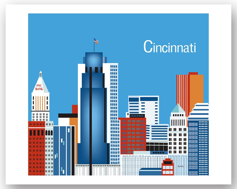 Cincinnati Skyline Print, Ohio Wall Art, Cincinnati horizontal Print, Cincinnati Gift, Cincinnati Ohio Decor, Cincinnati art style E8-O-CI image 3