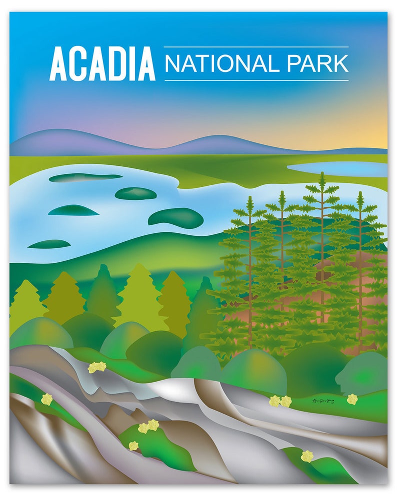 Acadia National Park Poster, National Park Art, Maine Print, Acadia Park skyline, Acadia Park Map, Maine Art Gift, Art style code E8-O-ACA image 1