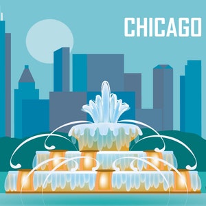 Chicago Skyline Art Print, Chicago Fountain Wall Art, Chicago, Chicago Travel Poster, Chicago Wedding Artwork, style E8-O-CHI3