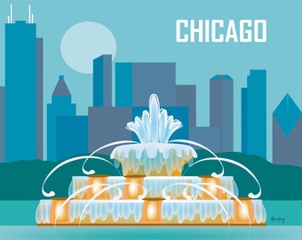 Chicago Skyline Art Print, Chicago Fountain Wall Art, Chicago, Chicago Travel Poster, Chicago Wedding Artwork, style E8-O-CHI3
