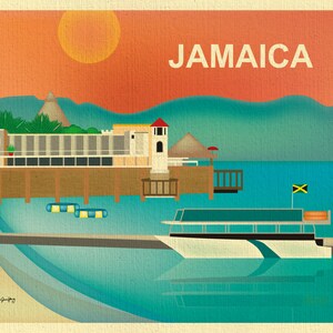 May include: A vintage postcard illustration of a tropical island scene with a white boat on turquoise water, a white building with a red roof, and the word "JAMAICA" in bold letters on a red and orange sunset background.
