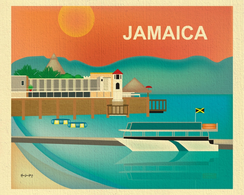 May include: A vintage postcard illustration of a tropical island scene with a white boat on turquoise water, a white building with a red roof, and the word "JAMAICA" in bold letters on a red and orange sunset background.