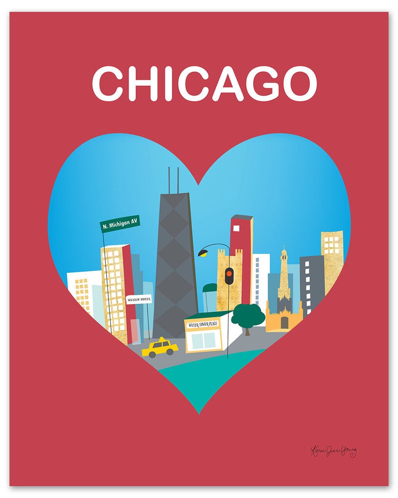 Chicago Skyline Art Heart Print, Chicago Wall Art, Chicago Wedding Print, Chicago Baby, Vertical Loose Petals City Print, style E8-O-CHI4 image 1