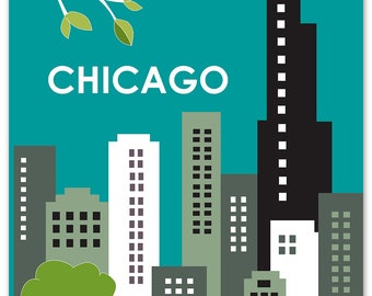 Chicago Print Skyline Art, Chicago map, Chicago wall art, Chicago Travel Poster, Chicago Baby Art, Loose Petals City Print - style E8-O-CH1