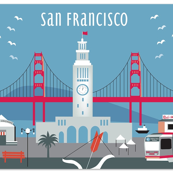 San Francisco Art Print, San Francisco Skyline Wall Art, Decor, Ferry Building Print, SF Art Gift, Loose Petals City Print, style-E8-O-SF13