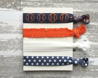 Baseball Accessory Set - hair elastic navy blue / orange / white coach game fan team mom gift - tie knot stretch ribbon girl ladies ponytail