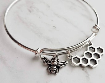 Bee & Honeycomb Silver Bangle Bracelet, honeybee bracelet, beehive bracelet, silver bangle, silver bee bracelet, silver cuff, beekeeper gift