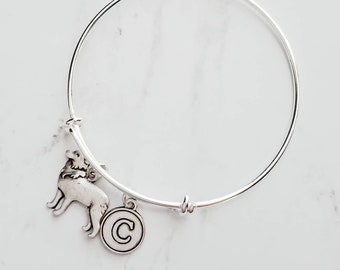 Border Collie Bracelet, adjustable silver bangle, dog charm bracelet, personalized gift, letter charm, herder dog jewelry, silver dog charm