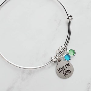 Sons Bracelet, mom bracelet, mothers bracelet, LOVE MY BOYS charm, silver wire bangle, birthstone jewelry, mom to boys son mothers day gift image 1