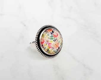 Watercolor Floral Ring, pastel flower ring, leaf print ring, garden ring, large silver ring, round silver ring, adjustable size 7 8 9 10