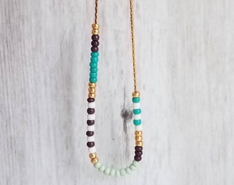 Seed Bead Necklace, color block necklace, beaded chain, thin gold chain, aqua mint purple turquoise, colorful delicate necklace, tiny bead