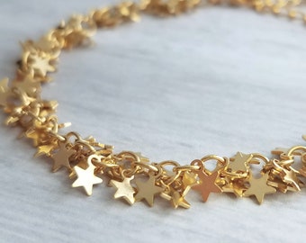 Gold Star Bracelet, tiny gold star bracelet, gold star chain, little stars cluster, cha cha bracelet lucky charm bracelet good luck bracelet