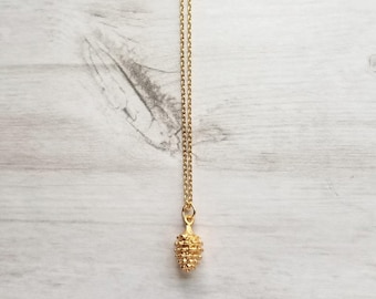 Gold Pine Cone Necklace, small pine cone pendant, gold pinecone, pine cone jewelry, matte gold necklace, dainty gold necklace, little fall