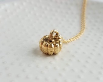 Gold Pumpkin Necklace, gold Halloween necklace, gold fall necklace, pumpkin pendant, small gold pumpkin charm, gold jack o lantern necklace