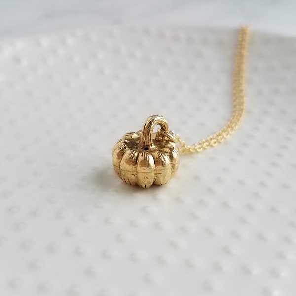 Gold Pumpkin Necklace, gold Halloween necklace, gold fall necklace, pumpkin pendant, small gold pumpkin charm, gold jack o lantern necklace