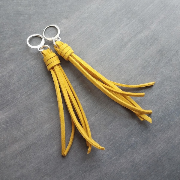 Long Tassel Earrings, faux suede tassel, goldenrod vegan leather tassel, harvest gold, mustard yellow, silver huggie hoop, round lever back