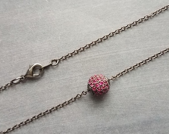 Ruby Red Crystal Ball Necklace, gunmetal fuchsia pendant, purple pink pave bead, round 8mm round slider pendant, thin silver black chain