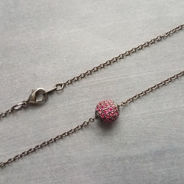 Ruby Red Crystal Ball Necklace, gunmetal fuchsia pendant, purple pink pave bead, round 8mm round slider pendant, thin silver black chain