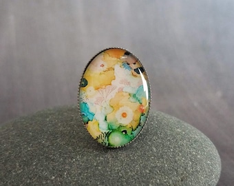 Large Stainless Steel Ring, oval floral ring, colorful ring, abstract ring, statement ring, hypoallergenic, adjustable wide band, blue green