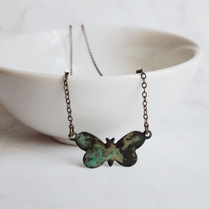 Small Butterfly Necklace, butterfly pendant, delicate chain, bronze necklace, antique brass necklace, patina butterfly, blue green butterfly