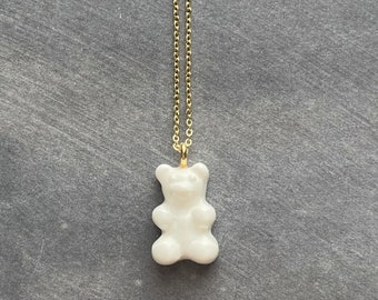 White Gummy Bear Necklace, solid white candy bear charm, small candy necklace, dainty gold chain, little marshmallow white pendant, chalk