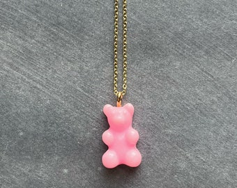 Bubblegum Pink Gummy Bear Necklace, pink candy bear charm, small candy necklace, dainty gold chain, little baby pink gummy bear pendant gift