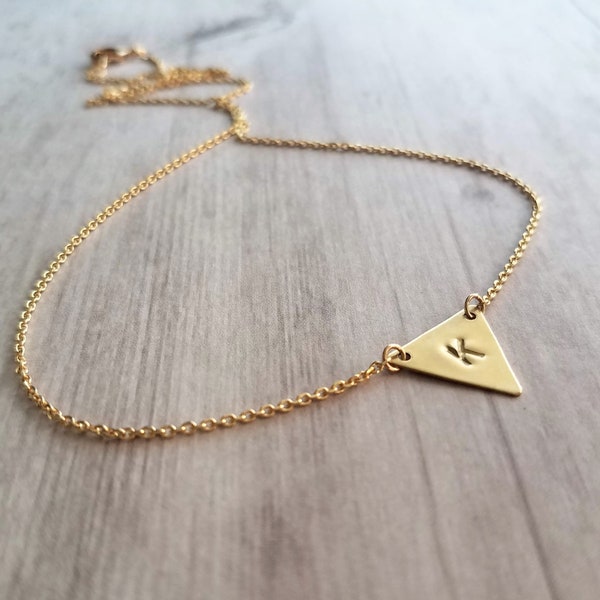 Gold Triangle Necklace, gold initial necklace, personalized necklace, flag necklace, small gold triangle, gold letter pendant delicate chain