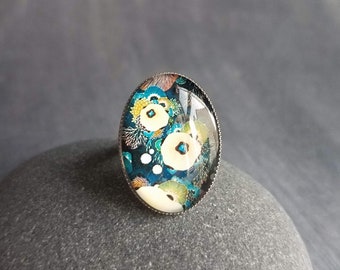 Oval Large Ring, floral ring, colorful ring, abstract ring, statement ring, hypoallergenic, stainless steel adjustable wide band, blue green