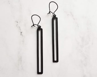 Black Rectangle Earrings, long black earring, black bar earring, black outline earring, thin black earring, matte black earring, open