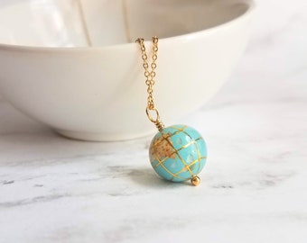 Earth Necklace, 14K gold fill chain, turquoise stone globe, world pendant, gemstone globe, travel gift, long distance far away friend planet