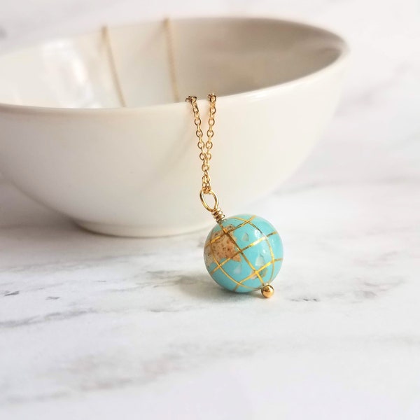 Earth Necklace, 14K gold fill chain, turquoise stone globe, world pendant, gemstone globe, travel gift, long distance far away friend planet