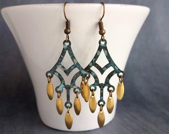 Boho Chandelier Earrings, green gold bronze chandelier, large earring, extra long earring, verdigris patina, oval dangles, fringe earring