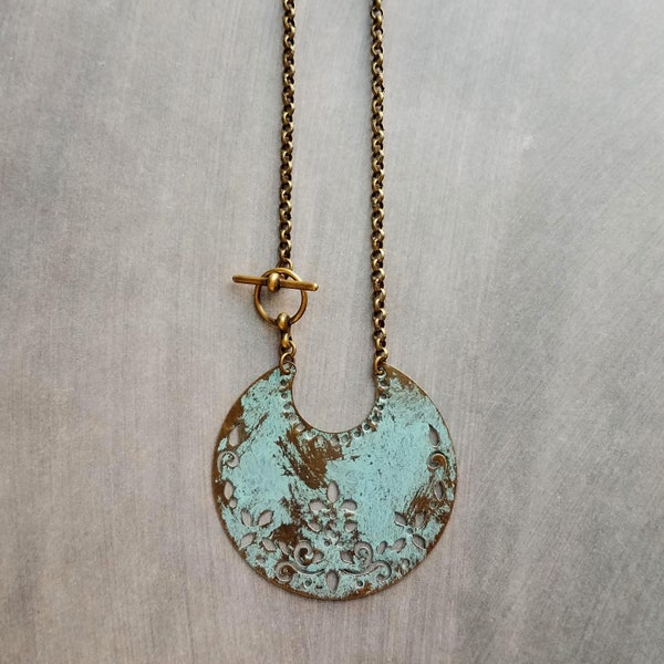 Antique Brass Large Pendant Necklace, verdigris patina, crescent bronze medallion necklace, turquoise filigree pendant, front toggle clasp