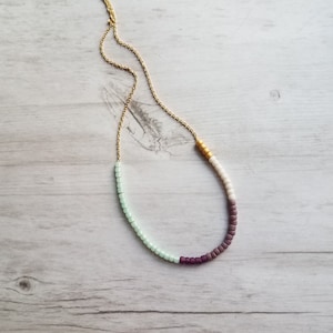 Color Block Necklace - beaded chain, 14K gold plated chain, mint green purple white, color section necklace, glass bead necklace, seed beads