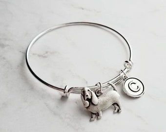 Basset Hound Bracelet - adjustable bangle double loop pet dog charm - personalized letter initial monogram - long ear loyal puppy jewelry