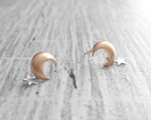 Moon and Star Earrings - rose gold stud w sterling silver post and tiny silver star dangle