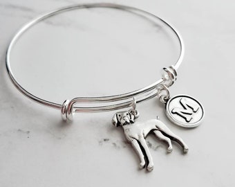 Weimaraner Bracelet - personalized small letter charm / hunting breed pet on simple silver wire adjustable bangle - custom initial