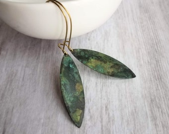 thin flat pointed ellipse oval in verdigris patina Long Drop Earrings mottled splotch in blue green aqua brown on gold aged kidney hooks