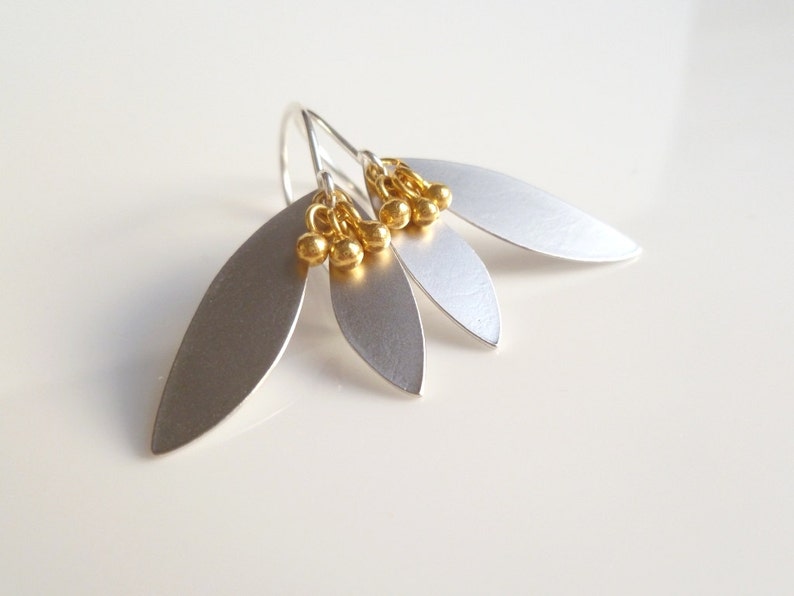 Mixed Metal Earrings, silver gold earring, silver leaf earring, gold pod earring, double leaf earring, .925 sterling silver hooks, vermeil image 3