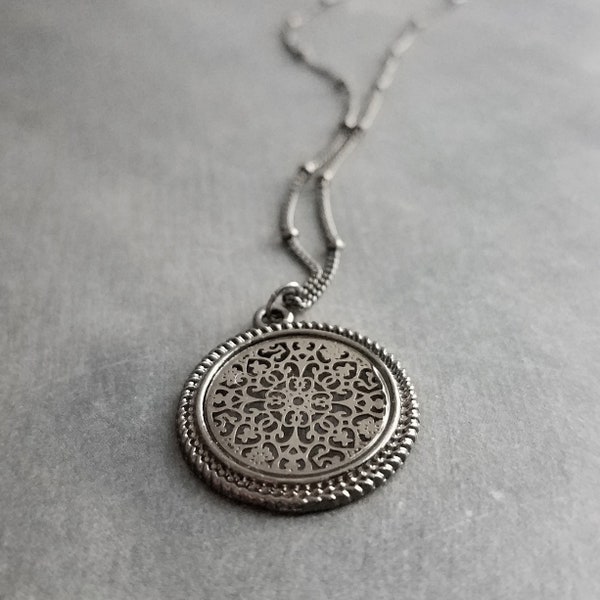 Gunmetal Filigree Necklace, medallion pendant, cut out pendant, beaded chain, gunmetal satellite chain, round lacy, silver black necklace