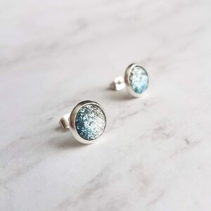 Blue Stud Earrings glitter ombre silver to blue gradient facet cut in little round silver bezel small simple sparkling everyday jewelry image 10