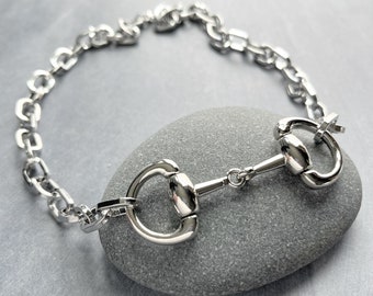 Heavy Silver Snaffle Bit Necklace, chunky silver chain, stainless steel equestrian necklace, silver horse necklace, D ring, thick oval chain