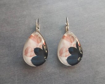 Navy Blue Pink Earrings, hypoallergenic lever back, stainless steel earring, big salmon leaf, pear shape, large navy blue leaves, glass drop