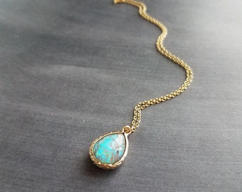 Opal Necklace, gold opal color pendant, opal teardrop pendant, opal tear drop necklace, opalescent pendant, birthstone necklace, jewelry