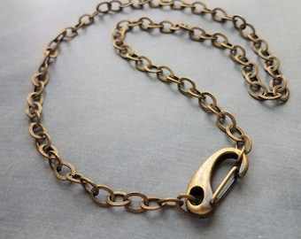 Thick Bronze Chain Necklace, big front clasp chain, punk antique brass necklace, chunky lobster claw carabiner clip, trendy flat O link
