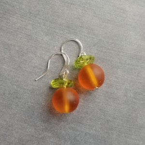 Orange Fruit Earring, citrus earrings, silver orange earrings, hostess gift, orange with leaf earrings, little orange, small frosted glass