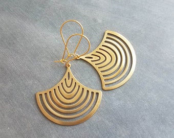 Gold Pendulum Earrings, rounded bottom earring, pendulum blade earring, arc earring, arch earring, gold arches semicircle earring gold lines