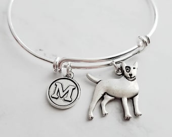 Bull Terrier Bracelet - personalized small letter charm / pet bully on simple silver wire adjustable bangle - custom initial gift