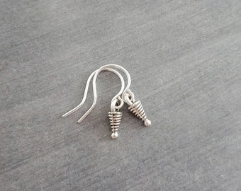 Tiny Silver Cone Earrings, silver spiral earring, small silver earring, antique silver earring, simple silver dangle earring, rustic silver